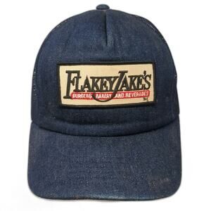 AJ Trucker Hat Blue OSFM Denim Snapback Flakey Jakes Burgers Bakery Beverages